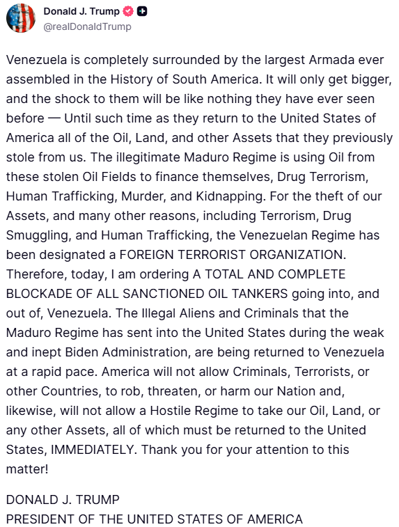 TT Trump: Hoa Kỳ phong tỏa Venezuela toàn diện